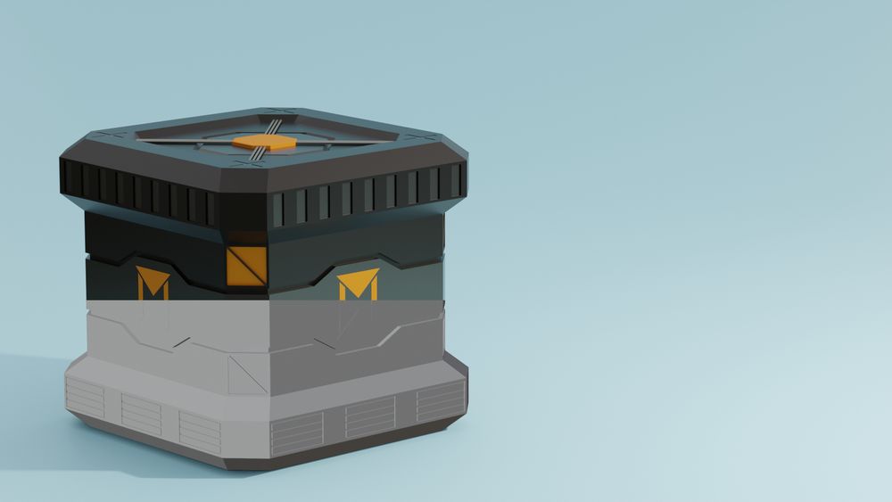 3D render of a black sci-fi crate with orange details. This image has been edited so that parts show the final render as well as the raw model