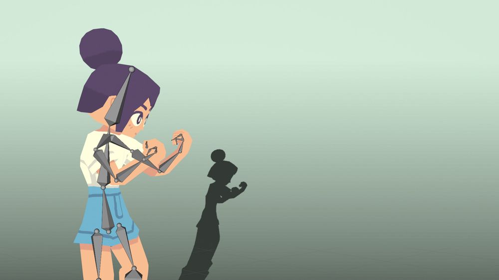 3D render of a low-poly character with their fists up. This render shows the 3D model's armature