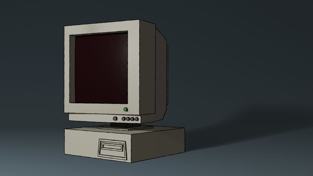 3D render of an old PC with a cartoonish outline