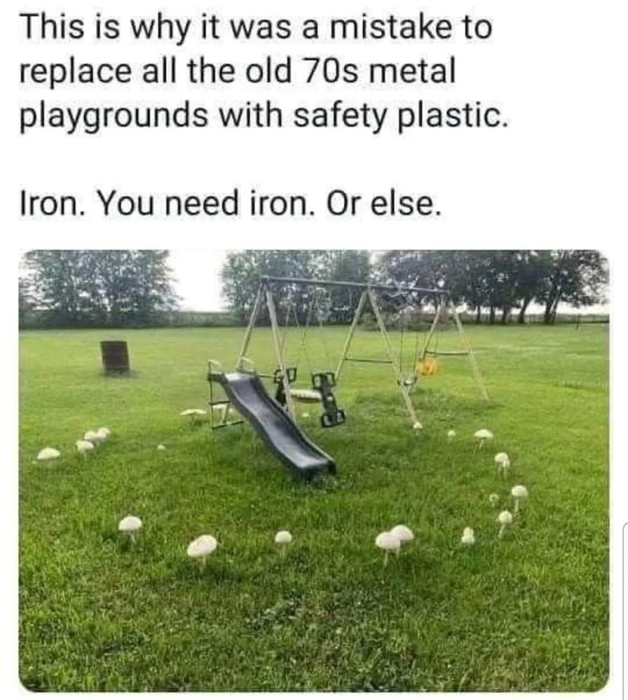 Text: This is why it was a mistake to replace all the old 70s metal playgrounds with safety plastic. Iron. You need iron. Or else.

Image: modern plastic playground equipment surrounded by a fairy ring of mushrooms

