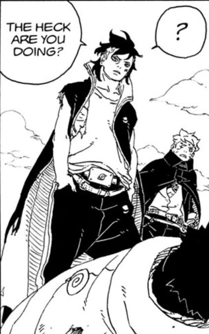 Kawaki after accidentally landing on Konohamaru, saying, "What the heck are you doing?" 