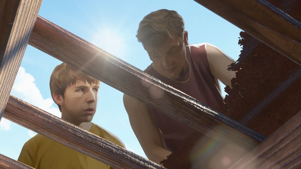 Screenshot aus dem Spiel As Dusk Falls von 2022. Zwei der Holt-Brüder reparieren ein Dach unter sengender Sonne. Jay blickt besorgt auf seinen Bruder Dale.
