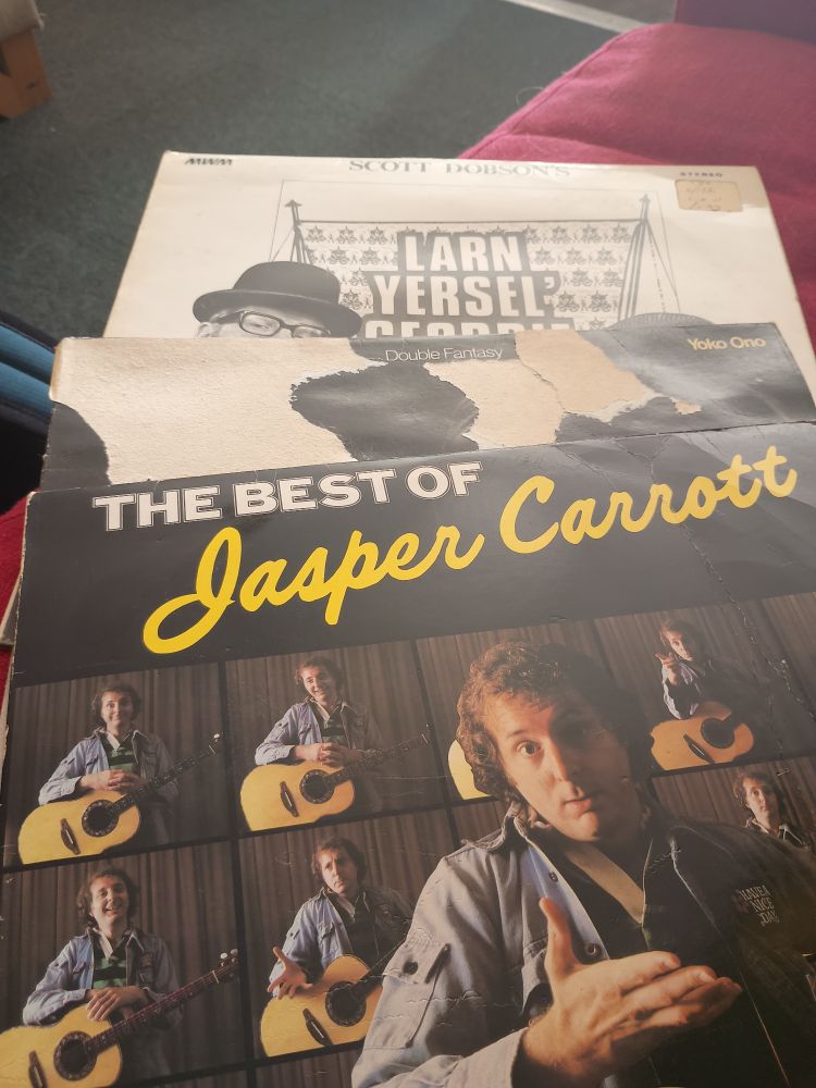 Three LPs: Larn Yersel' Geordie, Double Fantasy by John Lennon and Yoko Ono, and the Best of Jasper Carrott