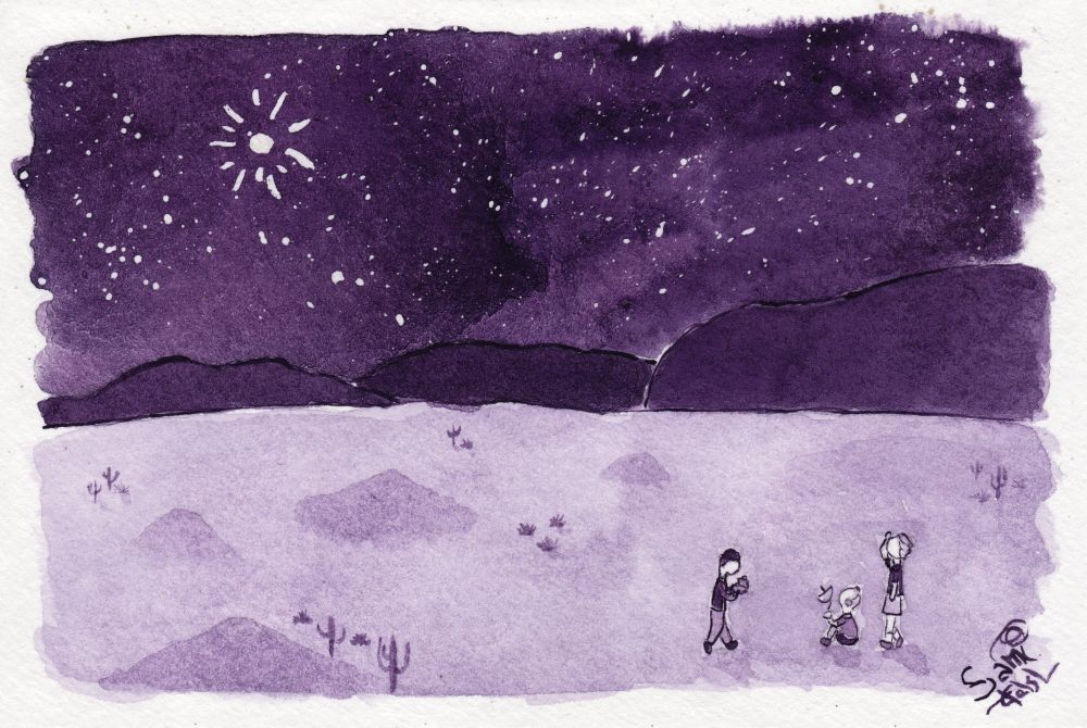 Ink painting in shades of bluish violet of three little guys in the desert at night looking for cryptids and stuff.