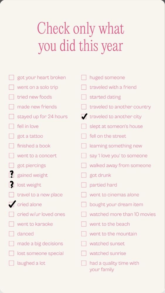 A card saying "Check only what you did this year" - with two boxes checked: "cried alone" and "traveled to another city"