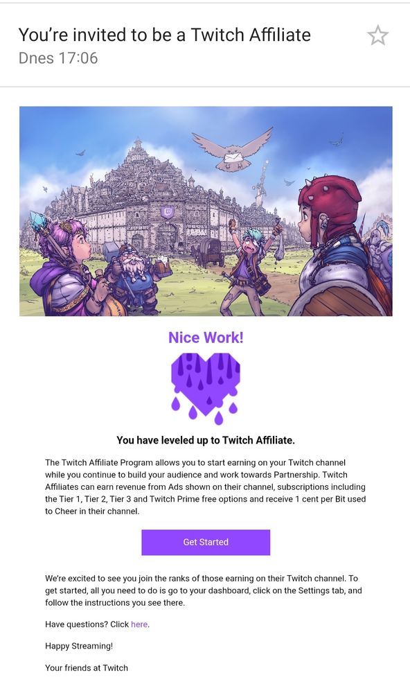 An email invitation to become a Twitch Affiliate 