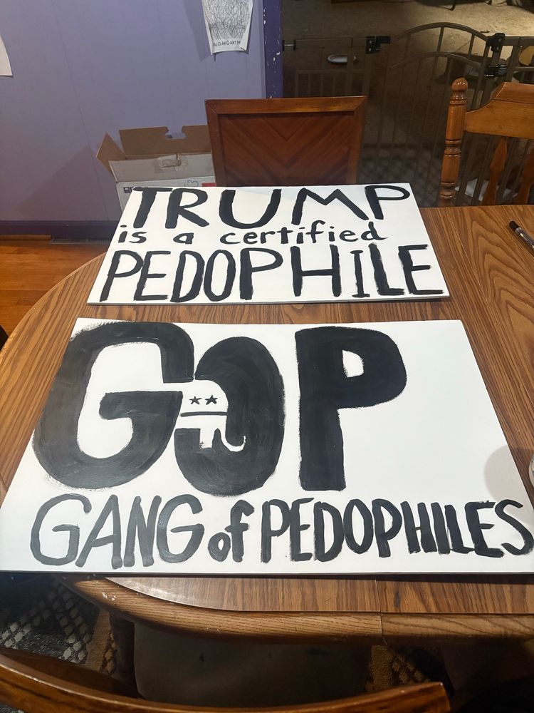 2 black and white signs; one says “Trump is a Certified Pedophile” and “GOP Gang of Pedophiles” 