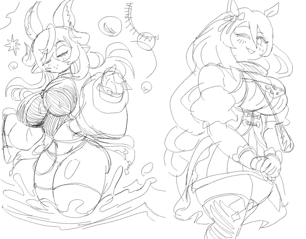 Doodles of:
Galleon in her alt fit bathing in the beach sea, from Granblue Fantasy VS: Rising, game developed by Arc System Works and published by Cygames

Super Creek in racing fit, from Uma Musume Pretty Derby, multimedia franchise created by Cygames