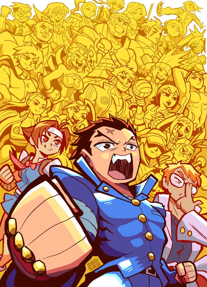 Batsu Ichimonji (center), Hinata Wakaba (left), Kyosuke Kagami (right) and all other characters from Project Justice: Rival Schools 2
Including Sakura Kasugano from Street Fighter franchise