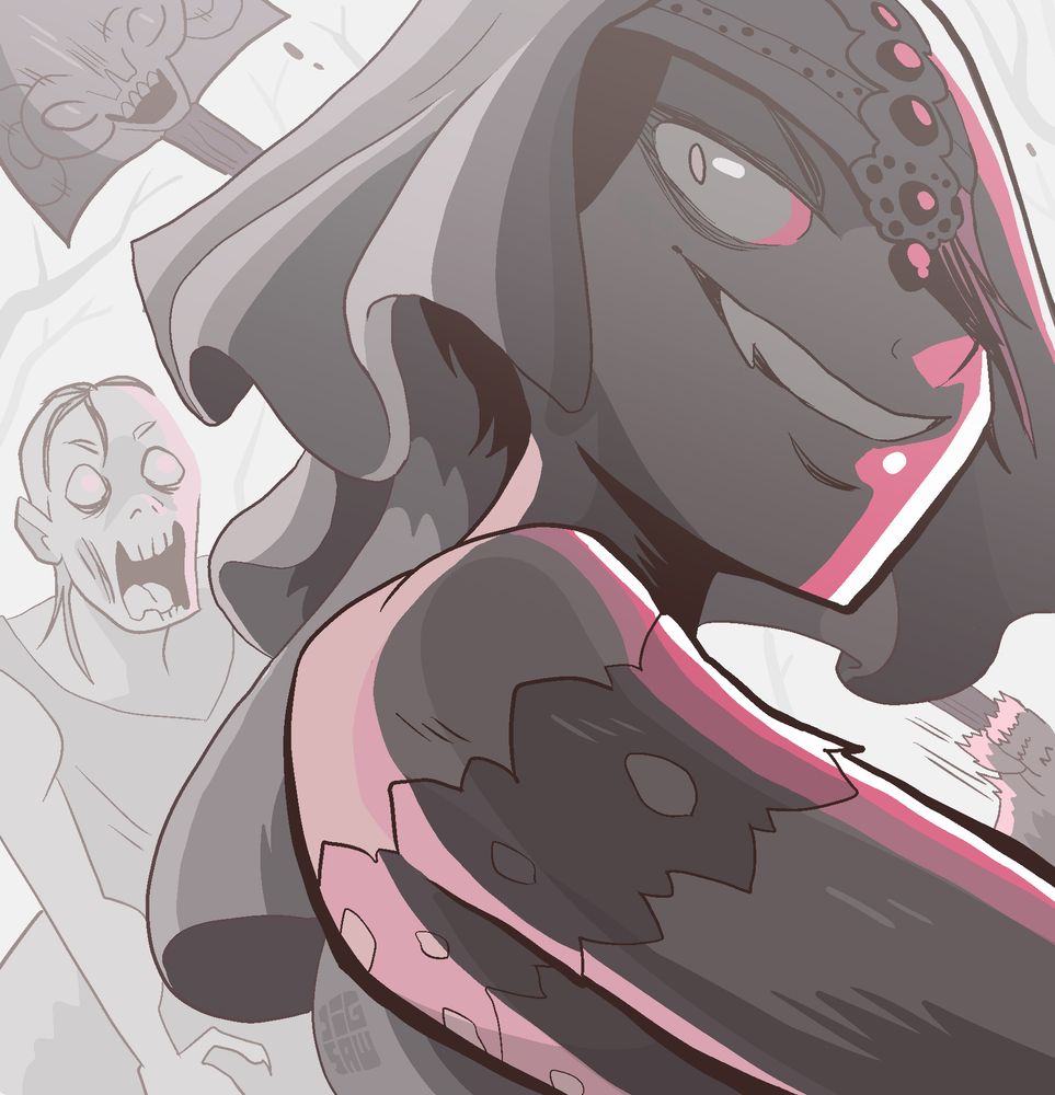 Ghoulcaller Gisa Cecani preparing to attack someone offscreen with her shovel, we can see an undead and creepy trees on a foggy forest in the bg. 
Character is from Magic: The Gathering, created by Richard Garfield