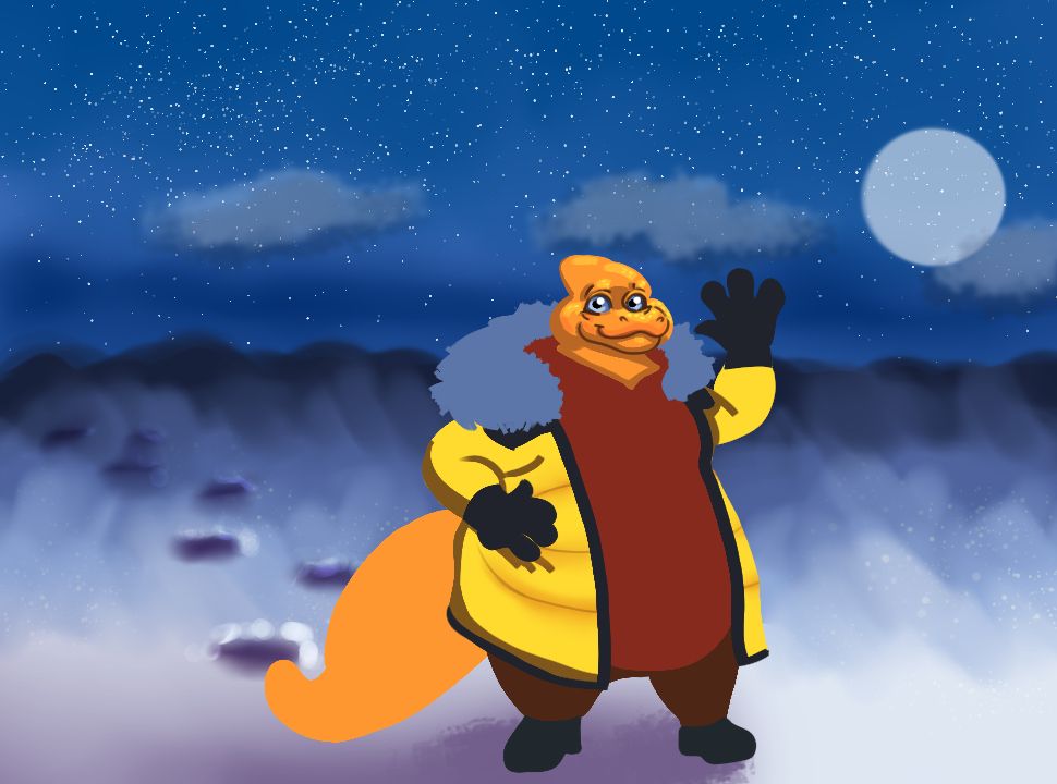 An as of yet unfinished art of FattyDragonite walking through a snowy landscape. It's dusk and the moon and stars can be seen in the sky behind him.