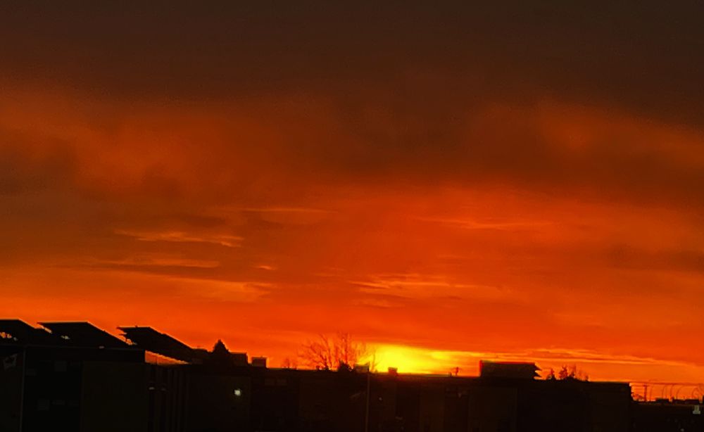 Eerie red sunrise in the background behind my sons school this morning. Vivid red sky, with red vapour clouds, the yellow sun rising in the eastern sky.