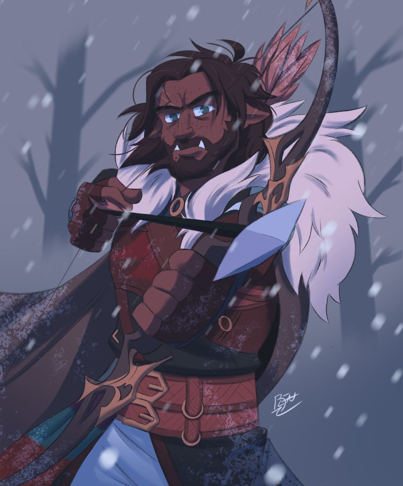 A warrior drawing his bow and arrow at the viewer in the middle of a forest and harsh blizzard.