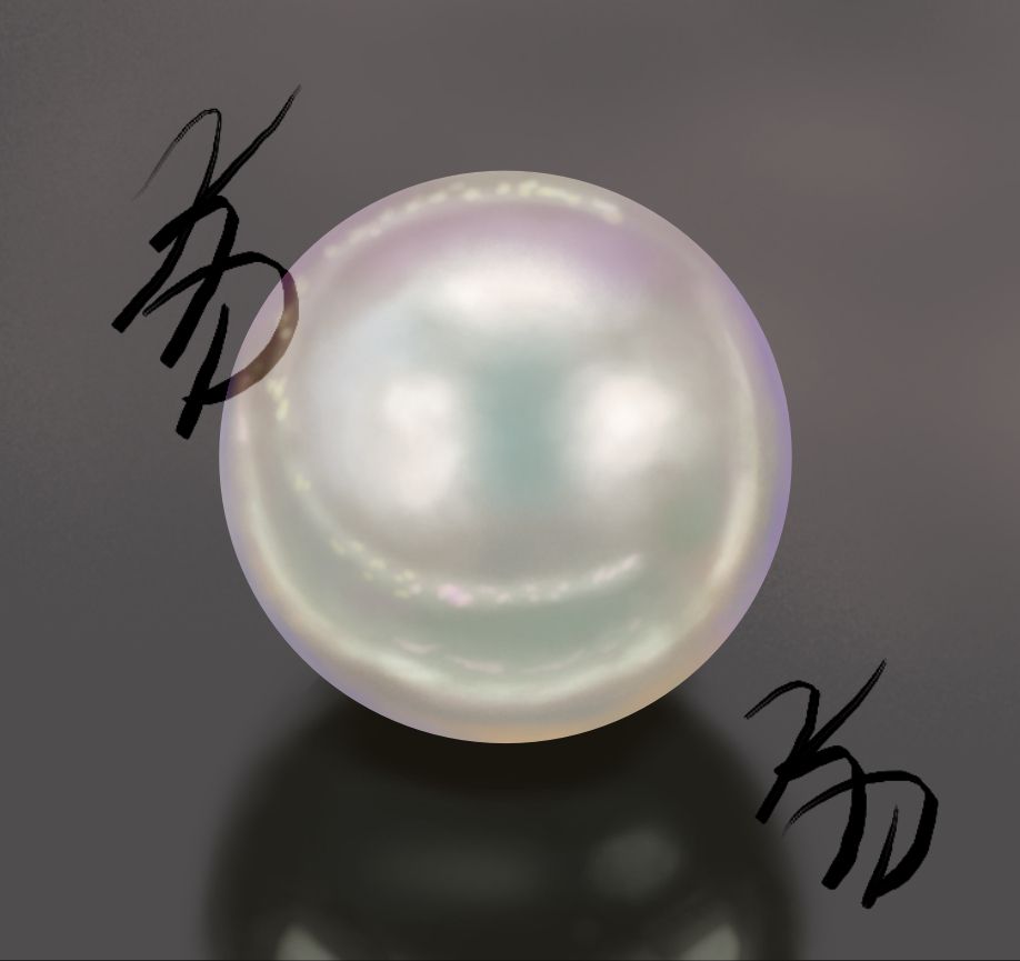 Digital painting of a pearl on a grey surface. It shines hues of pink and teal.