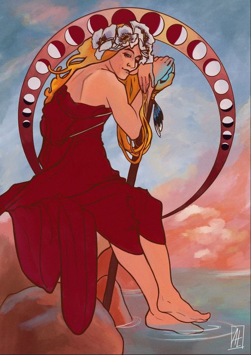Illustration of a wizard in art nouveau style, he is sitting on a rock, leaning on his staff and looking at the viewer with a soft glance. He is wearing a red robe and dipping his toes in water, flowers in his long blond hair. An ornamental crown of moons decorates the background. 