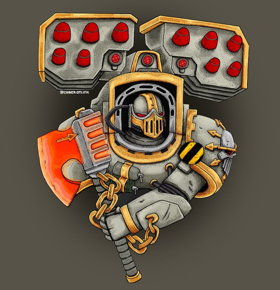 Drawing picturing a War Smith of the Iron Warrior Traitor Legion from the Warhammer 40000 franchise 