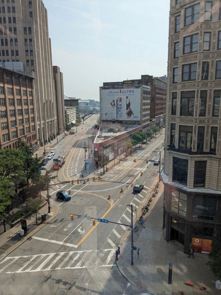 A photo showing Huron Road and Prospect Avenue from the air with the new one way traffic pattern striped on the road.