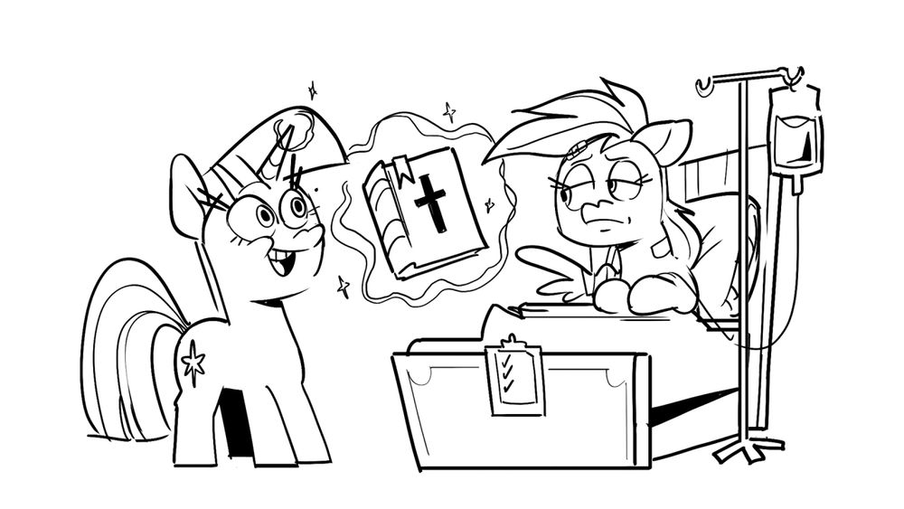 rainbow dash is sick in a hospital bed. twilight sparkle is handing her a bible with a big grin. dash is forlorn