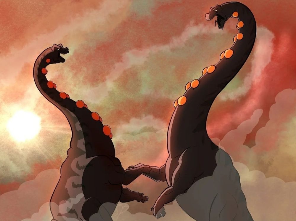 Dreadnoughtus fight in the Land Before Time style