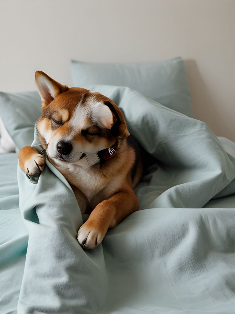 Sleeping Shiba Inu dog under a blanket