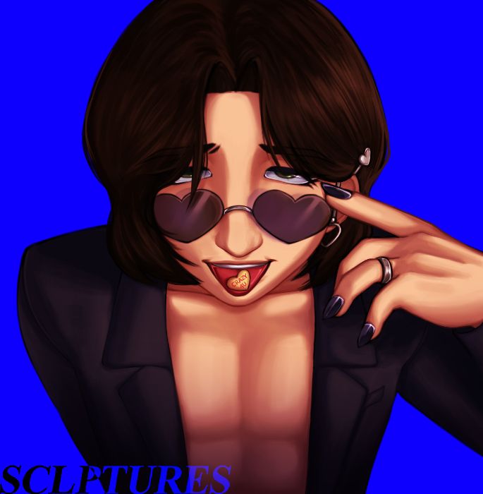 A half-body digital drawing of my OC Trevor, the image is in a top-down angle with a bright blue background. He is wearing a blue blazer & heart-shaped sunglasses of the same colour, with his index finger resting on the rim of the lens. His tongue is out with a yellow heart candy reading "CRAZY 4 U".