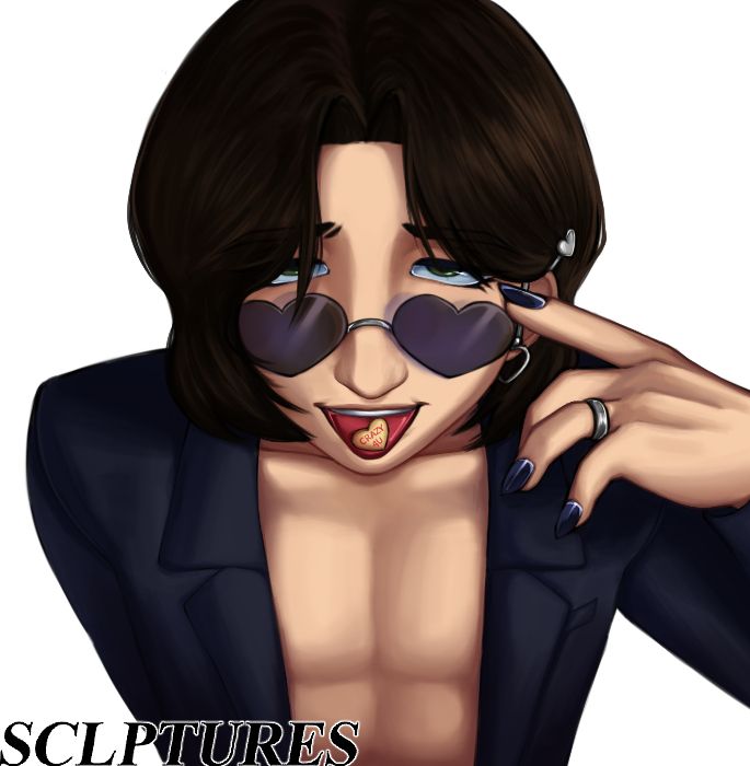 A half-body digital drawing of my OC Trevor, the image is in a top-down angle, this time with a plain white background & less vibrant scheme. He is wearing a blue blazer & heart-shaped sunglasses of the same colour, with his index finger resting on the rim of the lens. His tongue is out with a yellow heart candy reading "CRAZY 4 U".