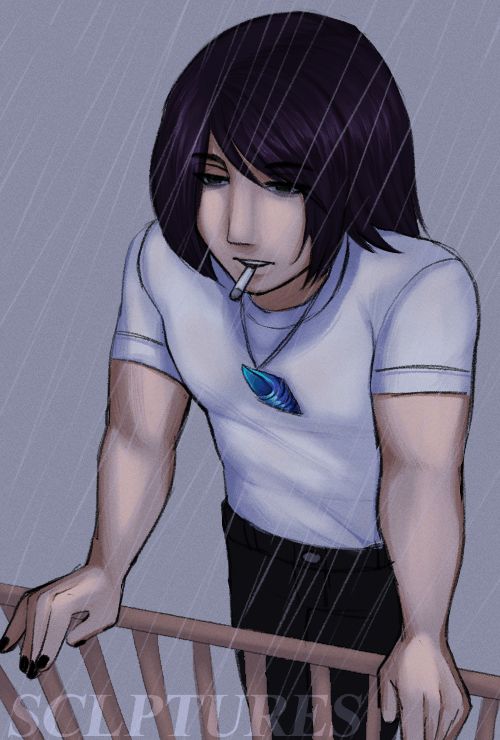 A moody digital drawing of Sebastian from Stardew Valley, depicted with longer, shoulder-length hair. He is leaning against a fence smoking a cigarette in rainy weather.
