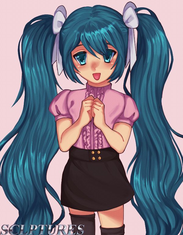 A digital drawing of Hatsune Miku in a moe art style. She has a cheerful expression and is wearing a frilly pink top, a dark brown skirt and brown thigh-high socks.