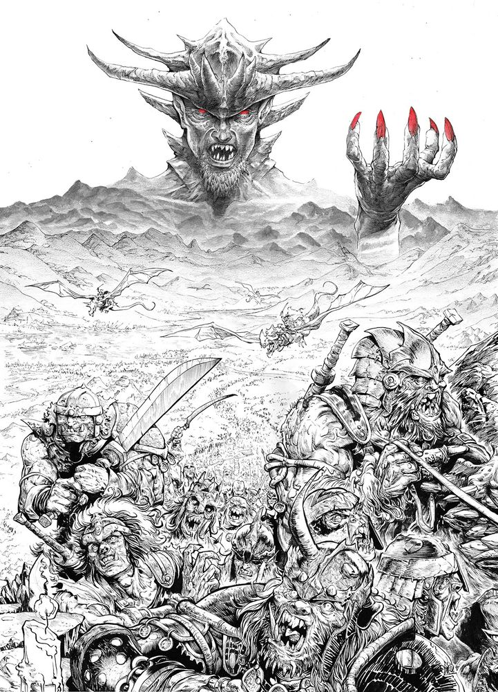 Fantasy drawing in ink with a big army of orcs and trolls marching from a great distance. On the horizon, you see a depiction of a demon like king. 