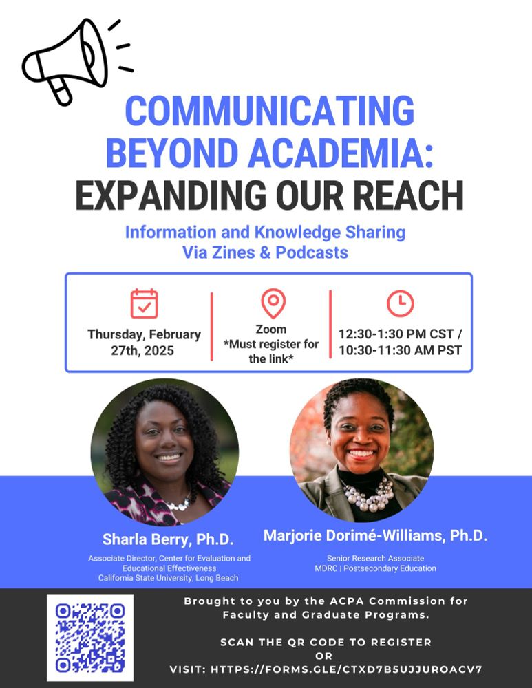 An image for the event, Communicating Beyond Academia: Expanding Our Reach -- Information and Knowledge Sharing via zines and podcasts. Dr. Sharla Berry and Dr. Marjorie Dorime-Williams will be facilitating. Here is the sign up link https://bit.ly/4idXdPf
