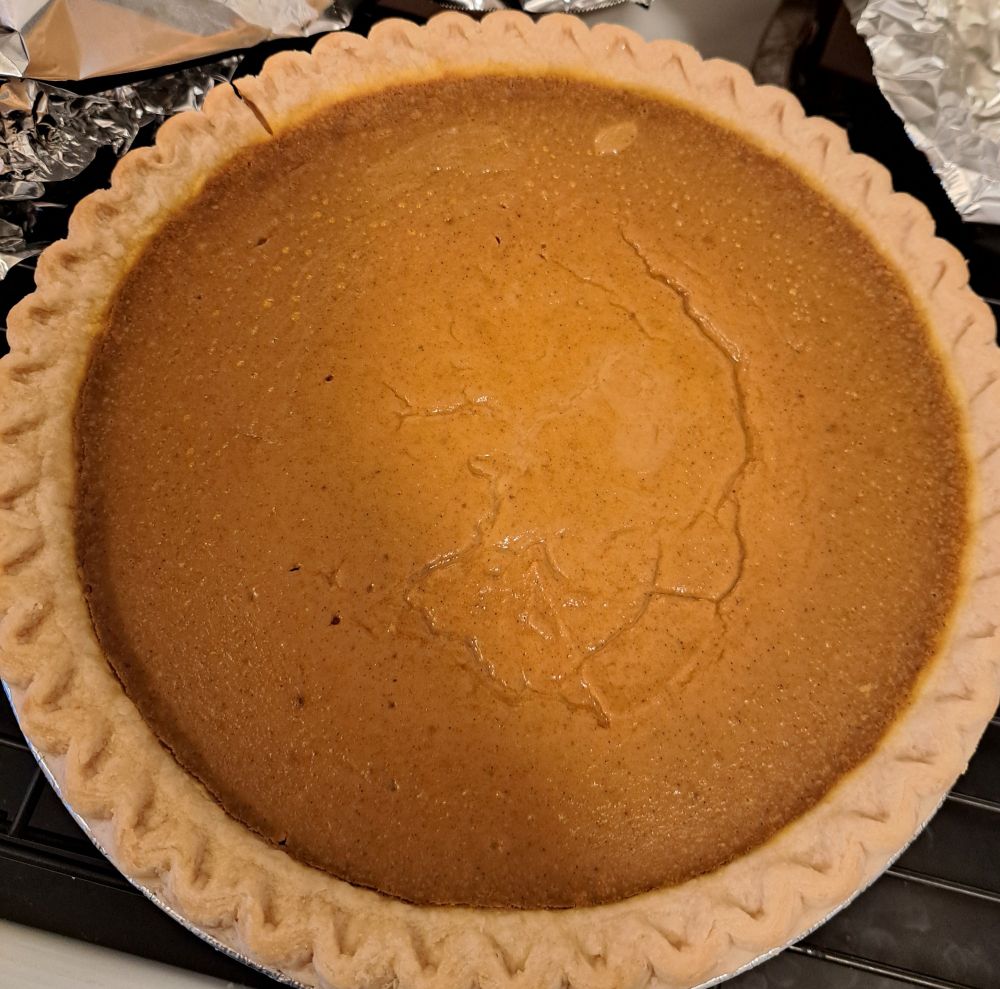 A pumpkin pie with slight cracking of the orange filling 