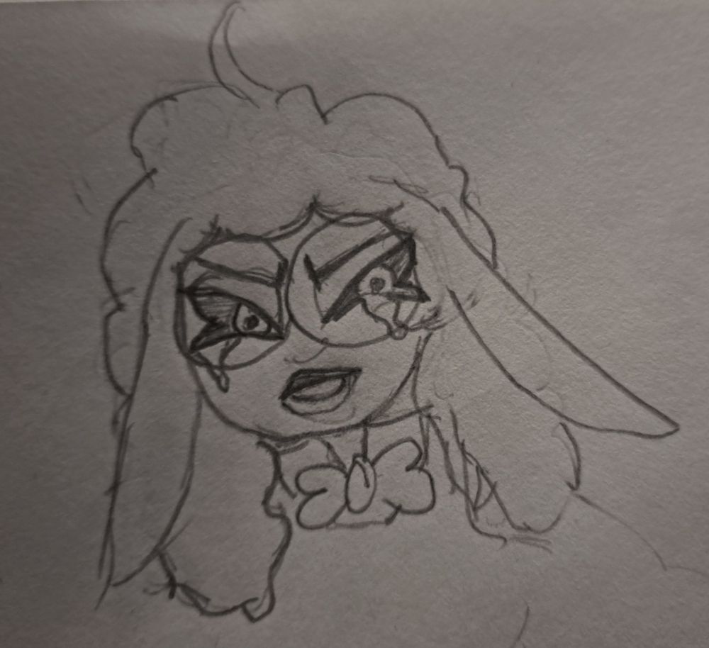 My OC Alice, who is a rabbit demon with curly hair and rabbit ears. Her expression looks angry, with tears in her eyes.