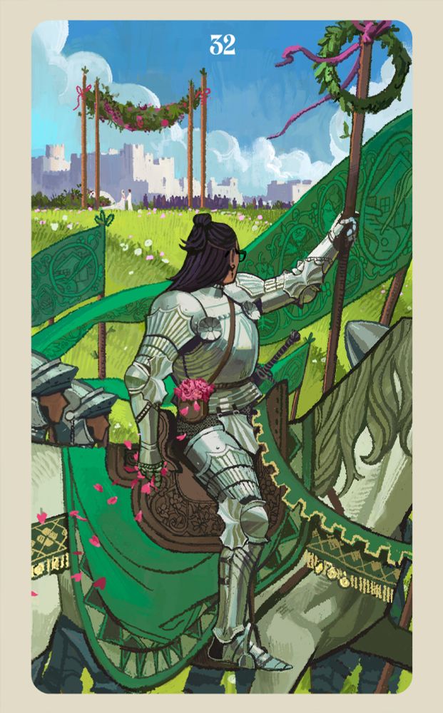 The artist in a self portrait, painted in resemblance to tarot cards, taking inspiration from Rider-waite and the Dragon Age Inquisition companion cards. In it, the artist paints themselves in the figure of the knight from the 6 of Wands, who looks beyond the colourful green banners chronicling the past year in the form of symbolism, to see a second scene in the background: a wedding, in the style of the 4 of Wands. In the artists right hands, he absently holds a handful of peonie petals, drifting in the wind in his distraction.