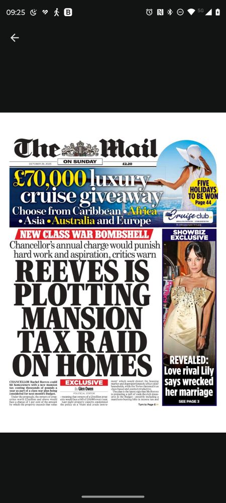 Cover of the October 26th 2025 issue of "The Mail on Sunday," with the headline REEVES IS PLOTTING MANSION TAX RAID ON HOMES. 