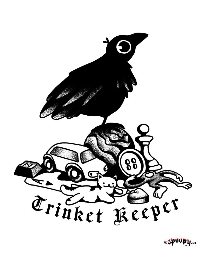 
ID: photo of a large scale tattoo flash by spoopy in a blackwork style. the piece features a crow with a huge eye rest atop a marble and prymaid of trinkets. the trinkets include: keycap, playing card, toy car, plastic cat figure, button, locket, chesss piece, button and barrel of monkey plastic toy. arhced gothic text below reads, "Trinket Keeper".

#Trinket #Tattoo #Figurine #Tattoos #Blackwork #Crow #Collector #TattooFlash #LargeTattoo #TrinketCollection #Collection #qttr #spoopy #CrowTattoo