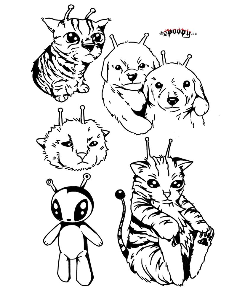 blackwork tattoo flash sheet by spoopy featuring glorp, alien dog friends, ikea alien and other alien cats