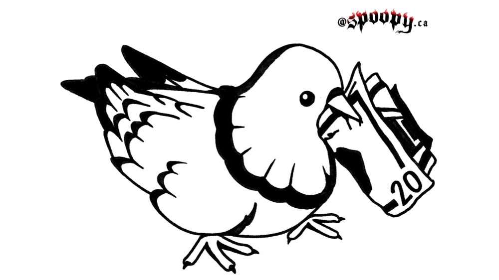 blackwork pigeon tattoo flash by spoopy. bird is holding a 20 dollar bill