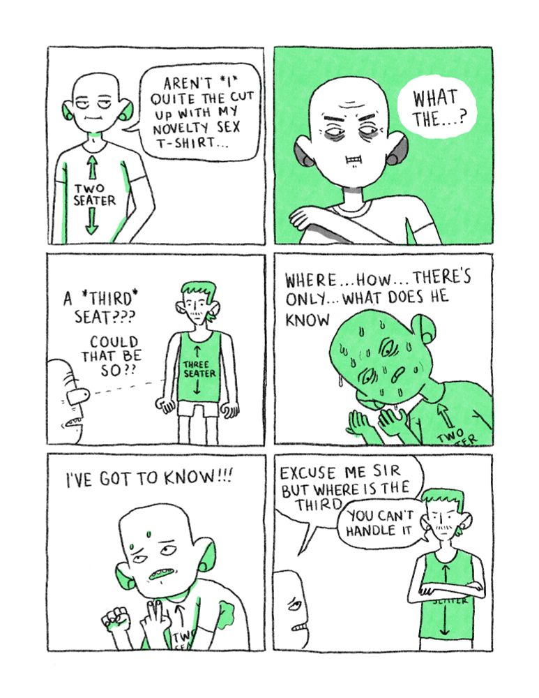 PANEL 1: Bald man smugly looking off to the side wearing a shirt that says 
