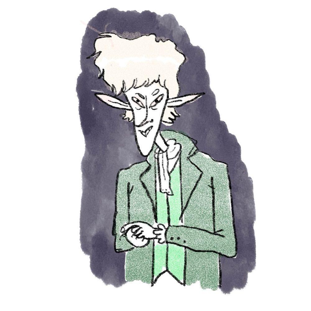 the gentleman with the thistledown hair—a faerie with gold-white hair wearing a deep green jacket—wringing his hands together and grinning wickedly