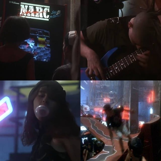 Four pictures of the foot Clan lair from the TMNT live action movie. 

Two teens play an arcade cabinet called "NARC."

A teen boy with a mowhawk plays bass guitar.

A teen girl in a hat blows a bubble with gum, neon sign unreadable behind her. 

A teen skate boards on a giant ramp that runs through the lair 
