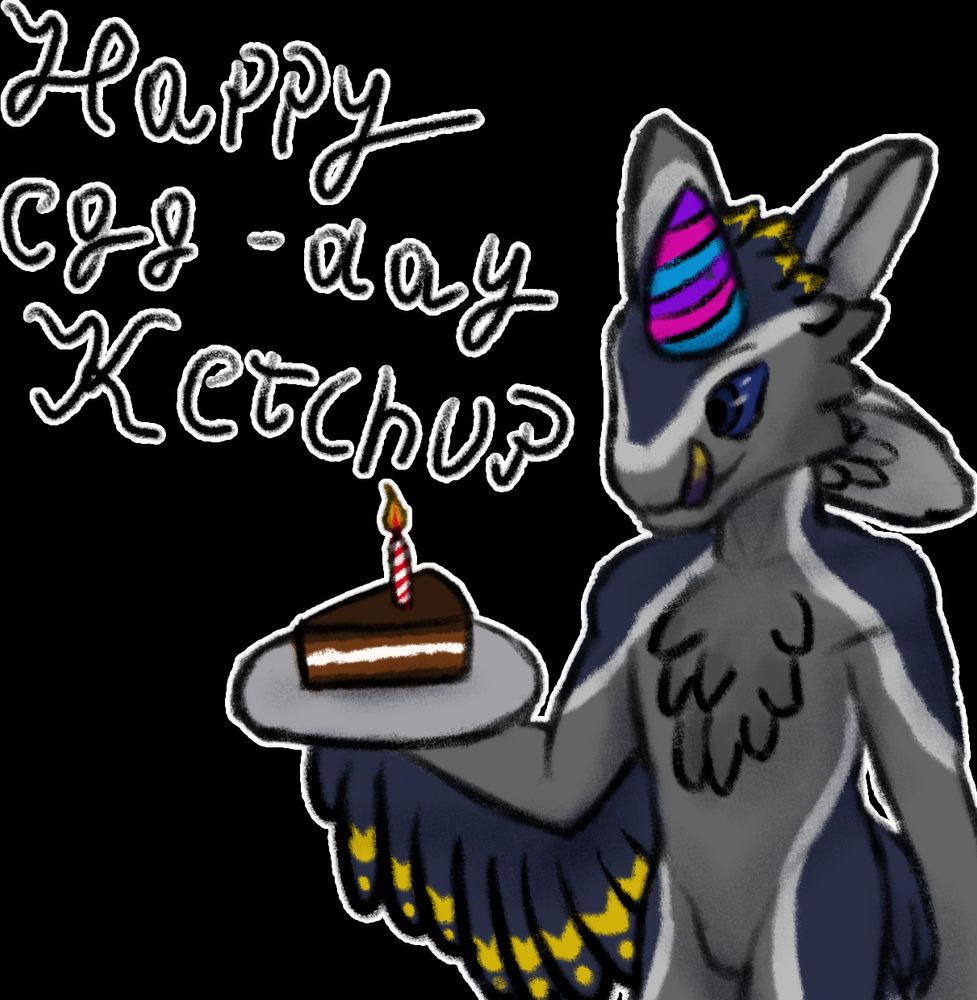 ketchup the avali holding a plate with a slice of chocolate cake on it, with birthday hat on while he's licking his lips. the text "happy egg-day Ketchup" can be seen next to him