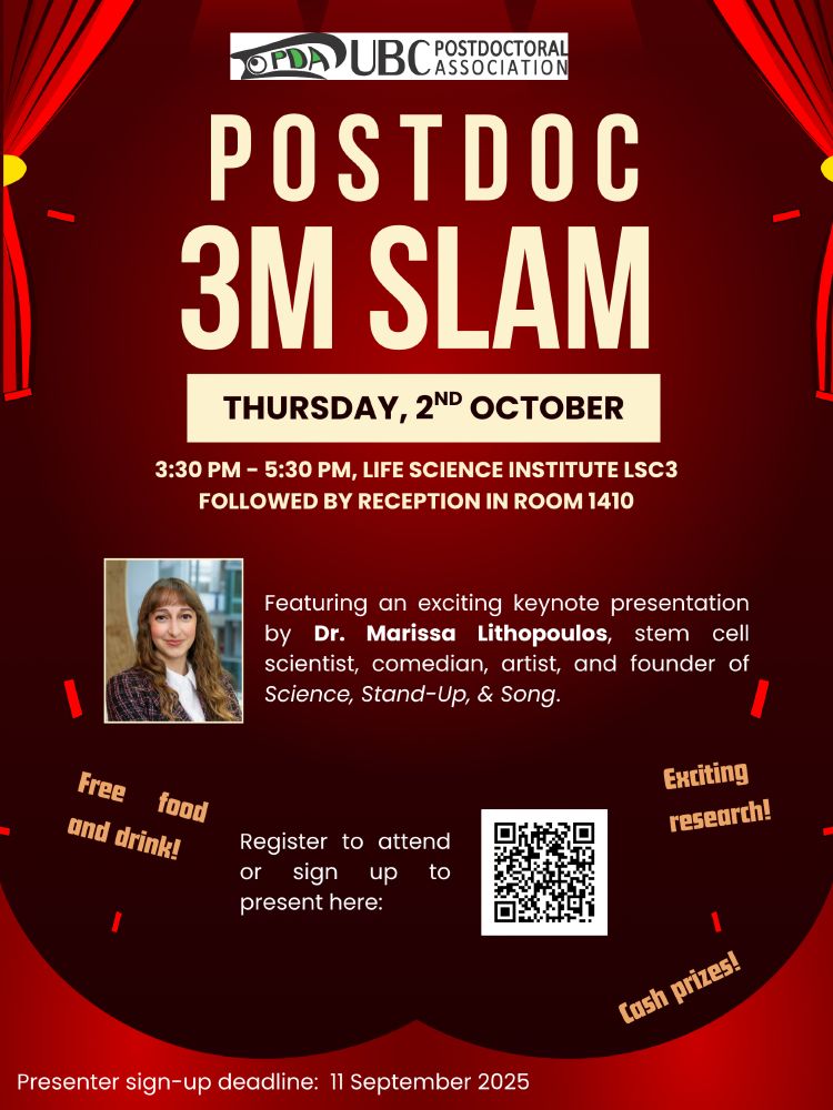 Postdoc 3M Slam, Thursday 2nd October, 3:30 pm - 5:30 pm, Life Sciences Institute LSC3, followed by by reception in Room 1410. Keynote presentation by Dr. Marissa Lithopoulos, stem cell scientist, comedian, artist, and founder of Science, Stand-Up, & Song. Poster includes QR code leading to registration link.