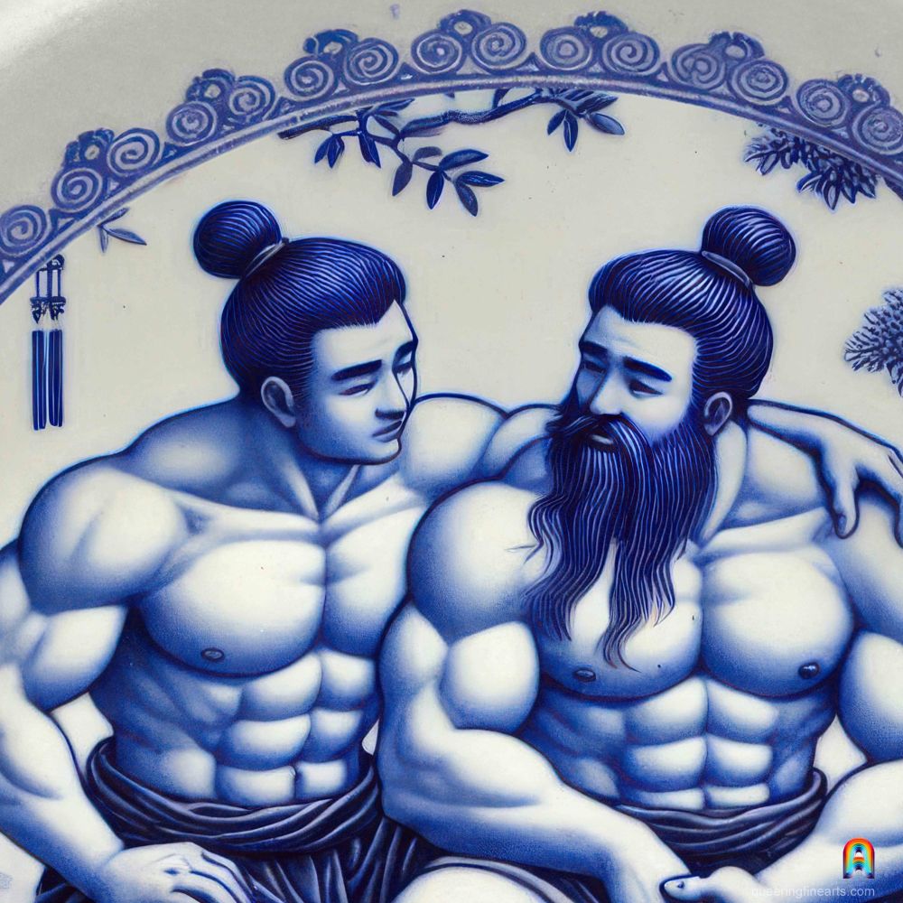 Close-up of two muscular male figures on a blue-and-white porcelain plate, their faces turned gently toward each other.