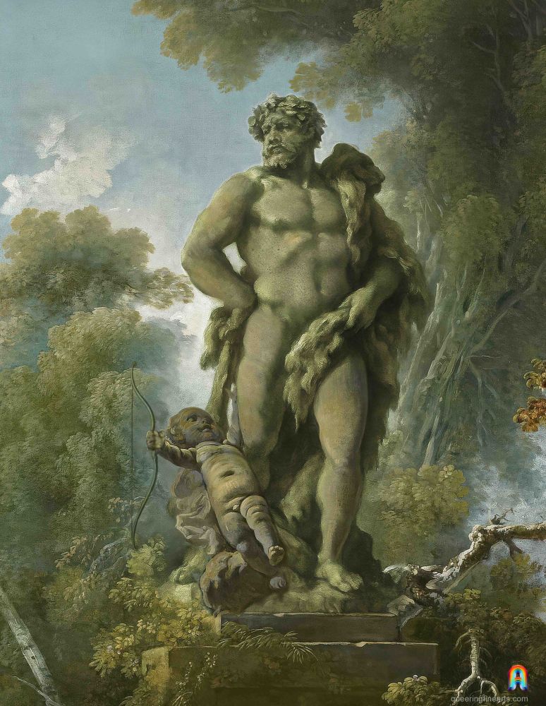 Artwork depicting a large greenish statue of Hercules with a small Cupid beside him, bow in hand, set in a Rococo garden with ornate foliage.