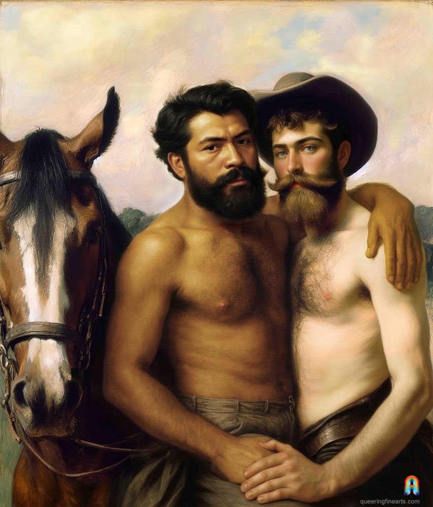 Two shirtless cowboys stand close together beside a horse in a classical Western landscape one placing his arm across the other’s shoulder conveying intimacy tenderness and quiet strength.
