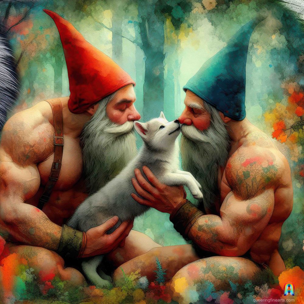 Two muscular gnome fathers seated in a fantasy forest holding a wolf pup between them like a tender family portrait.