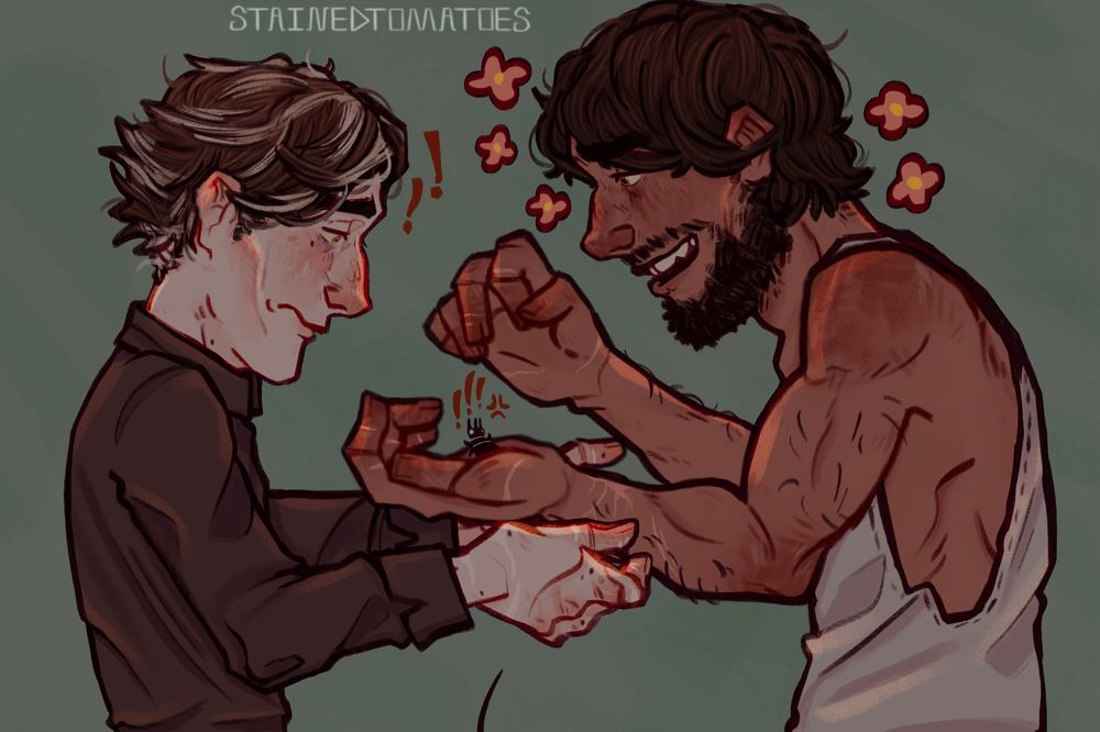 close up of the middle top drawing  of jayce showing off the bug to viktor