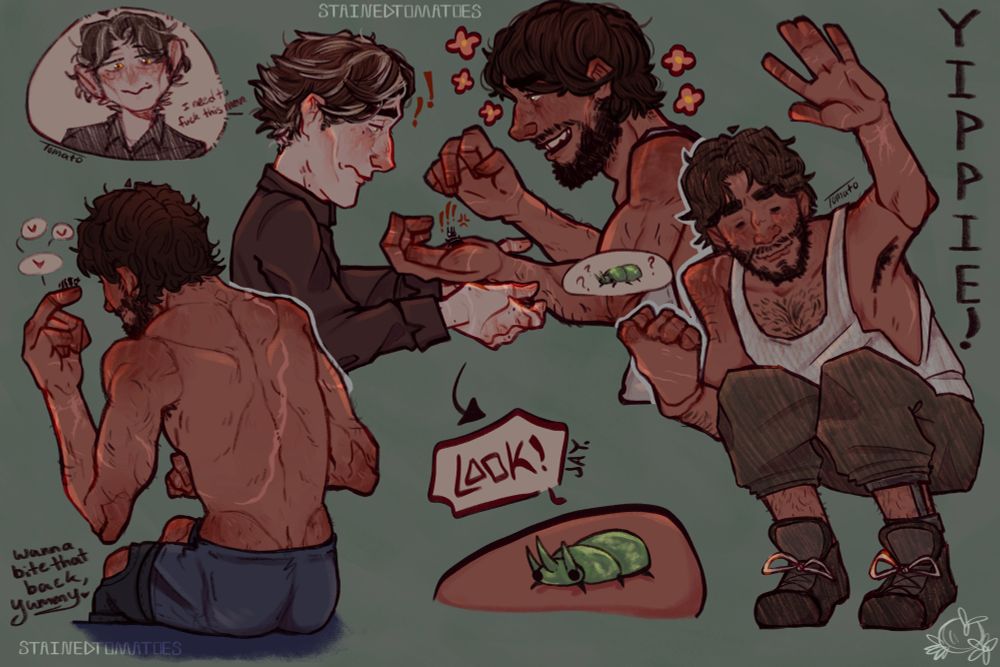 digital art of s2 jayce and s2 viktor. there are 5 drawings, one to the bottom left of jayce with his back facing the viewer, he is shirtless and there is text next to him that says “wanna bite that back, yummy.” the top left has a chibi like drawing of viktor smiling with the text “i need to fuck this man.” the drawing to the very right is of Jayce crouched waving at the viewer with a bug in his hand. the drawing in the top middle is of Jayce and viktor, Jayce is excitedly showing Jayce the bug he caught and viktor looks surprised. the bottom middle is a close up drawing of the bug with a text bubble of Jayce saying “look!” 
