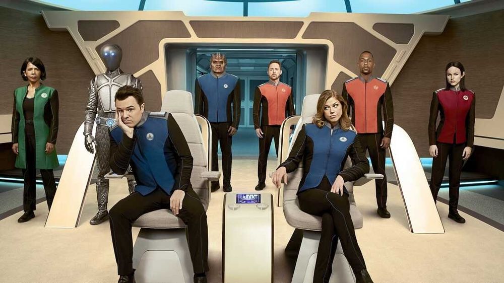 The characters from the show The Orville aboard their spaceship. 