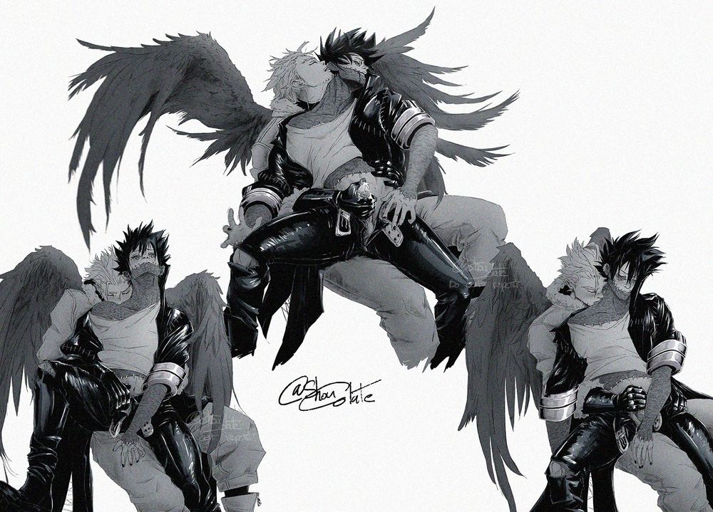 Dabi sitting on Hawks laps while he give him a handjob.